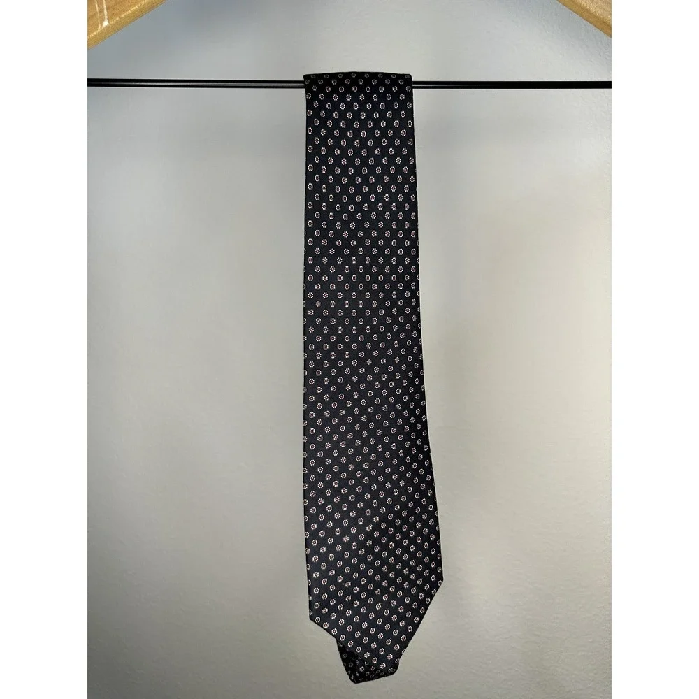 Martelli Firenze 100% Silk Tie dark‎ blue w/ small white and red flower pattern